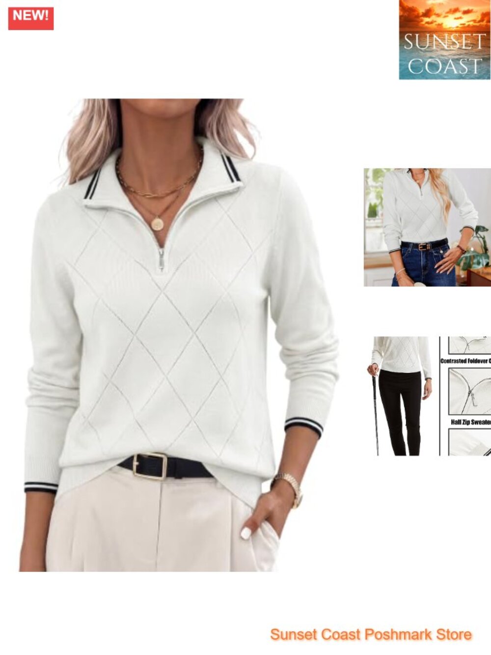 Ribbed Knit Half Zip Pullover Sweater Womens V-Neck Long Sleeve